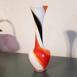 Vintage Handblown Art Glass Black Orange Swirl Stripe Mid-Century Modern Vase